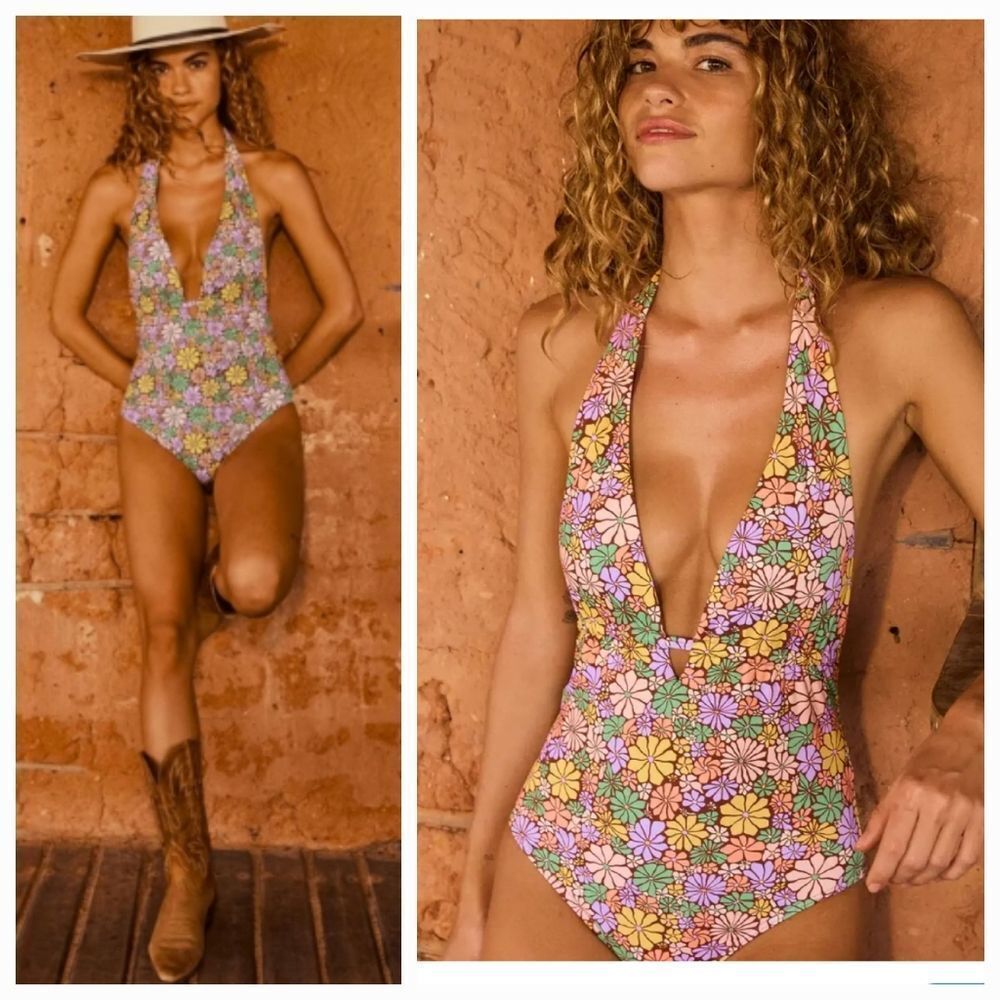 NWT Roxy All About Sol Plung Front Floral 1pc Swimsuit Sizes Medium and Large